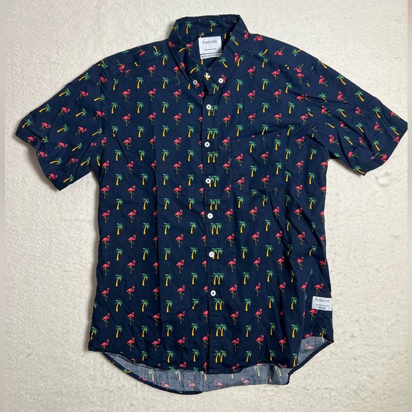 Public Art Other - Men’s Navy Short-Sleeve Flamingo Print Shirt